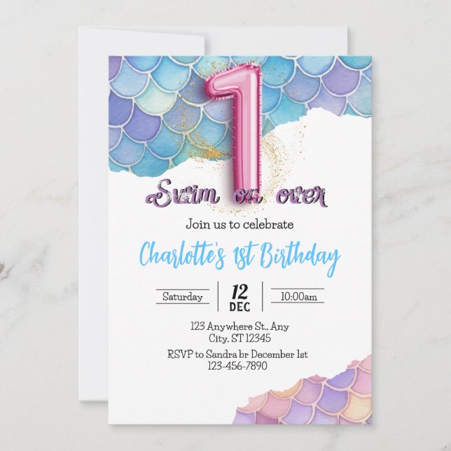 Mermaid 1st Birthday Invitation (Front)