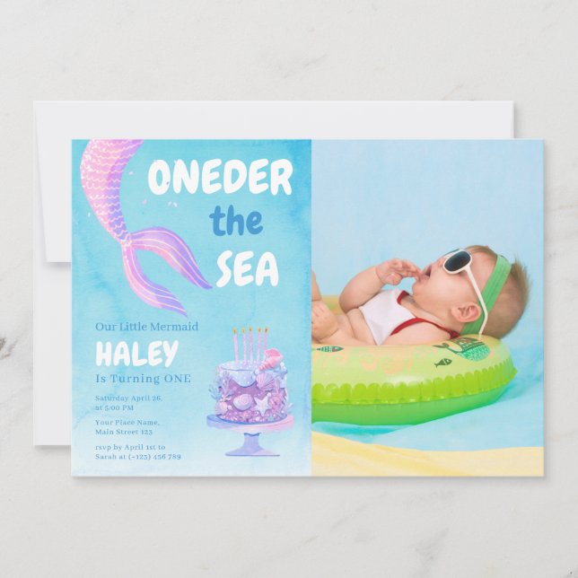 Mermaid 1st Birthday ONEder the sea Blue Photo Invitation (Front)