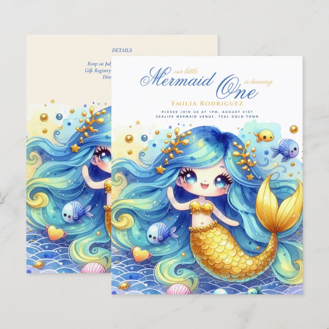 Mermaid 1st Birthday or EDIT AGE Teal Gold (Front/Back)