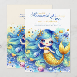 Mermaid 1st Birthday or EDIT AGE Teal GoldBeautifu Invitation