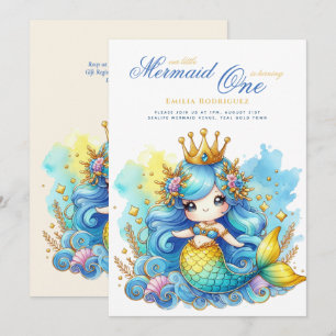 Mermaid 1st Birthday or EDIT AGE Teal GoldBeautifu Invitation
