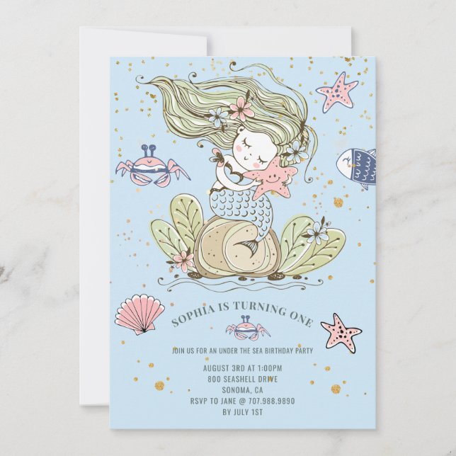 Mermaid 1st Birthday Party Blue Invitation (Front)