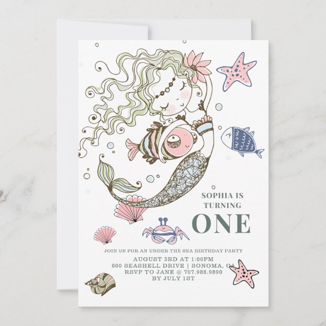 Mermaid 1st Birthday Party Invitation (Front)