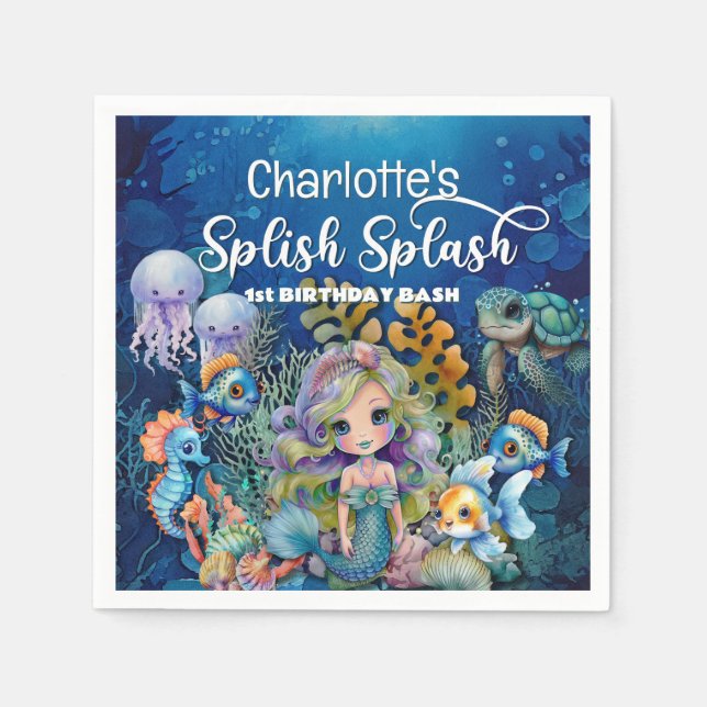 Mermaid 1st Birthday Party Napkin (Front)
