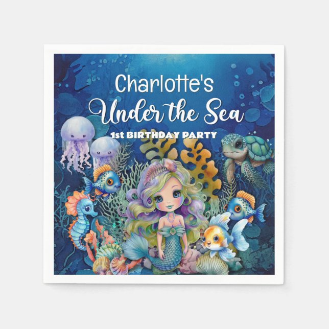Mermaid 1st Birthday Party Napkin (Front)