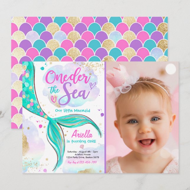 Mermaid 1st Birthday Party ONEder The Sea Mermaid Invitation (Front/Back)