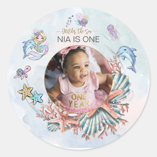 Mermaid 1st Birthday Party Photo ONEder The Sea  Classic Round Sticker (Front)