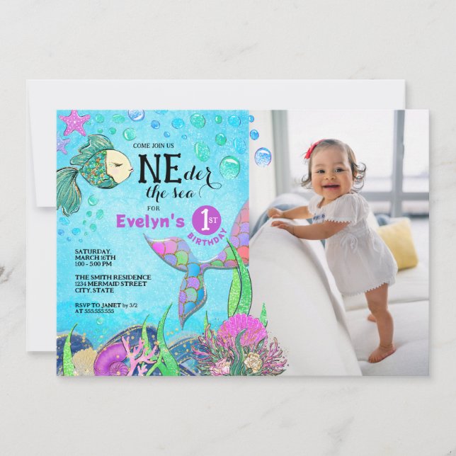 Mermaid 1st Birthday Photo Invitation (Front)