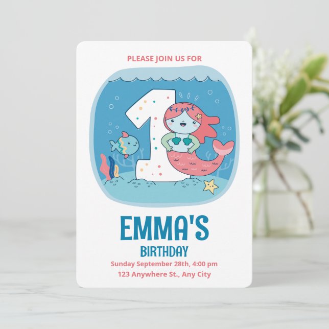 Mermaid 1st Birthday, Under The Sea First Birthday Invitation (Standing Front)