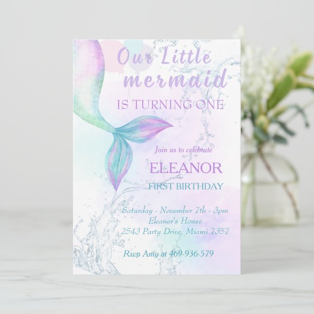 Mermaid 1st Birthday Under The Sea Mermaid Party Invitation (Standing Front)