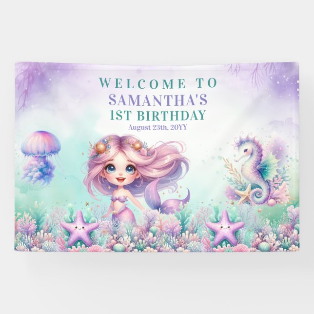 Mermaid 1st birthday Under the Sea purple teal Banner (Horizontal)