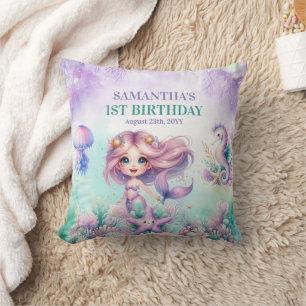 Mermaid 1st birthday Under the Sea purple Throw Pillow