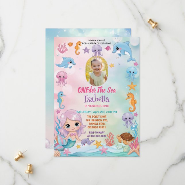 Mermaid 1st Photo Oneder Ocean birthday Save The Date (Front/Back In Situ)