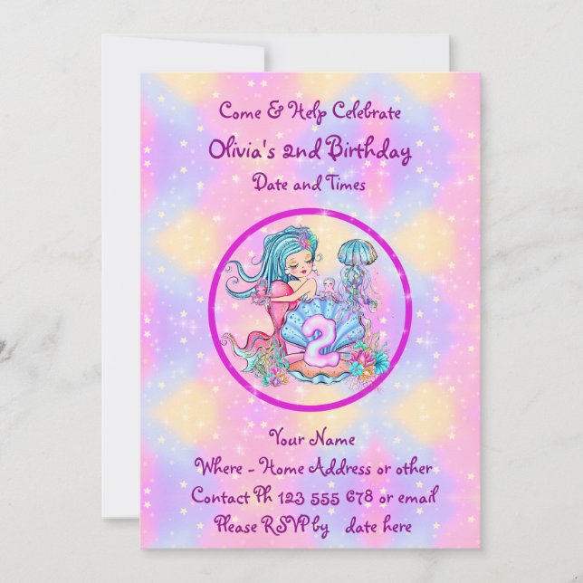 Mermaid 2nd Birthday Change Edit Text Personalize  Invitation (Front)