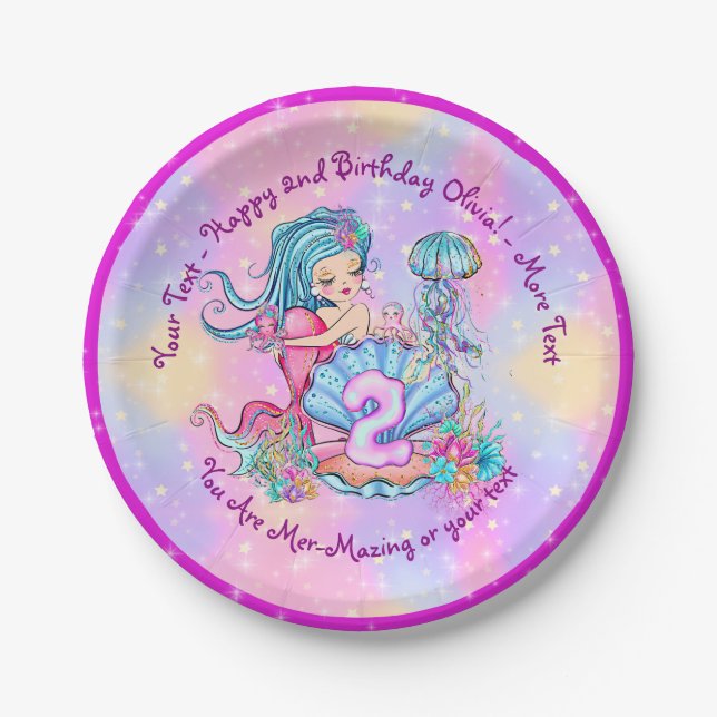 Mermaid 2nd Birthday Change Edit Text Personalize  Paper Plate (Front)
