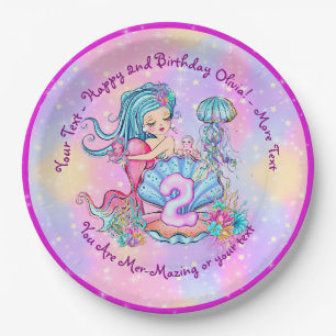 Mermaid 2nd Birthday Change Edit Text Personalize Paper Plate