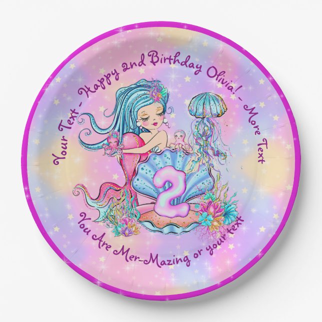 Mermaid 2nd Birthday Change Edit Text Personalize  Paper Plate (Front)