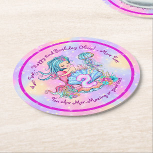 Mermaid 2nd Birthday Change Edit Text Personalize Round Paper Coaster