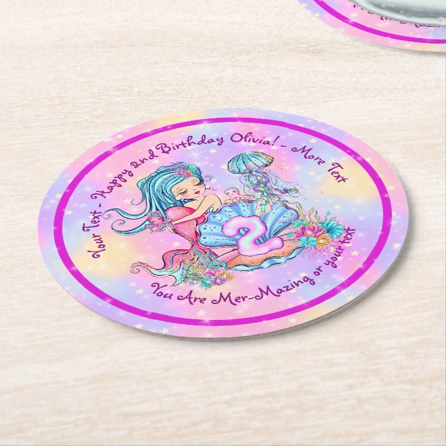 Mermaid 2nd Birthday Change Edit Text Personalize Round Paper Coaster (Angled)