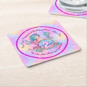 Mermaid 2nd Birthday Change Edit Text Personalize Square Paper Coaster