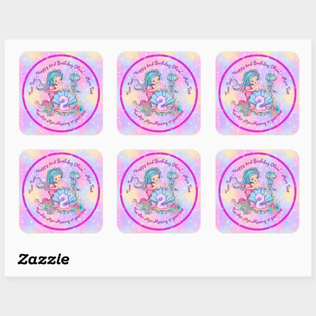 Mermaid 2nd Birthday Change Edit Text Personalize Square Sticker (Sheet)