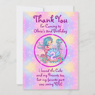Mermaid 2nd Birthday Change Edit Text Personalize  Thank You Card