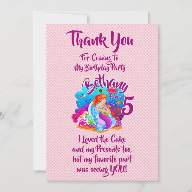 Mermaid 2nd Birthday Change Edit Text Personalize Thank You Card (Front)