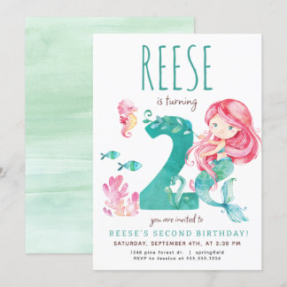 Mermaid 2nd Birthday Invitation