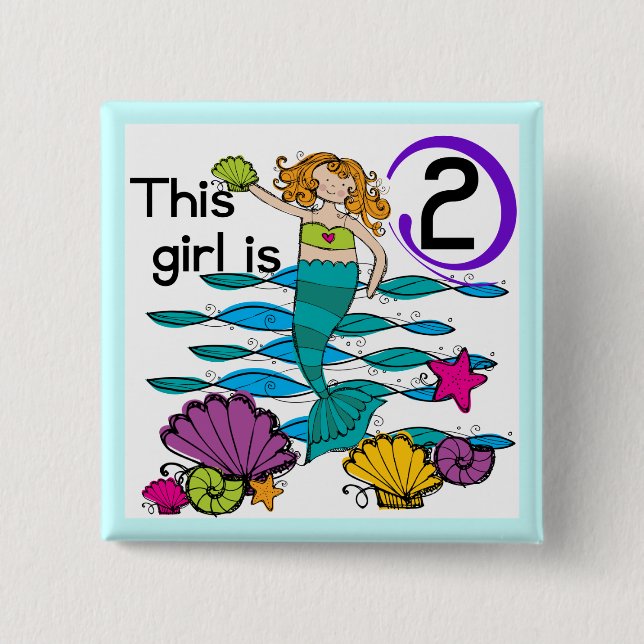 Mermaid 2nd Birthday Tshirts and Gifts 2 Inch Square Button (Front)