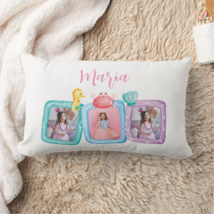 Mermaid 3 Photo Collage Kid's name Lumbar Pillow
