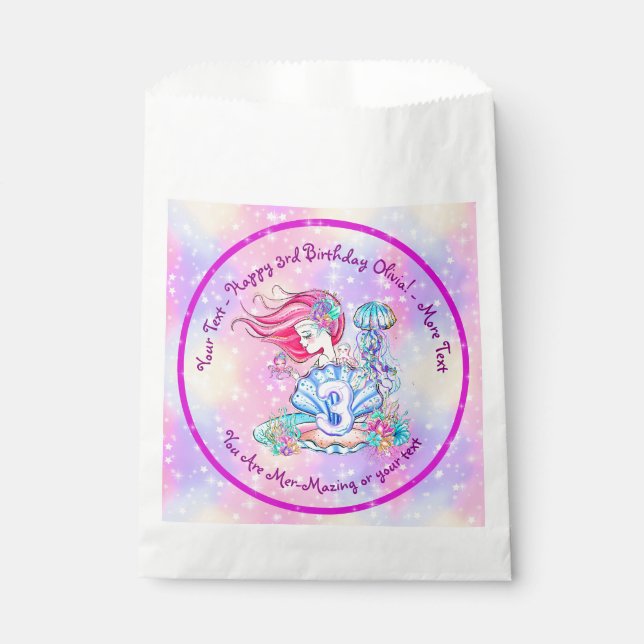 Mermaid 3rd Birthday Change Edit Text Personalize  Favour Bag (Front)