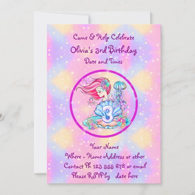 Mermaid 3rd Birthday Change Edit Text Personalize  Invitation (Front)