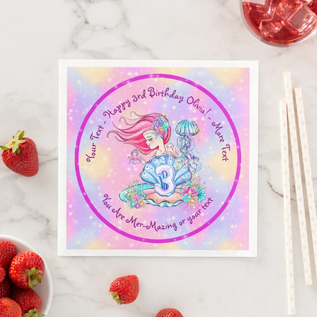 Mermaid 3rd Birthday Change Edit Text Personalize  Napkin (Insitu)