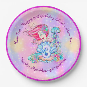 Mermaid 3rd Birthday Change Edit Text Personalize Paper Plate