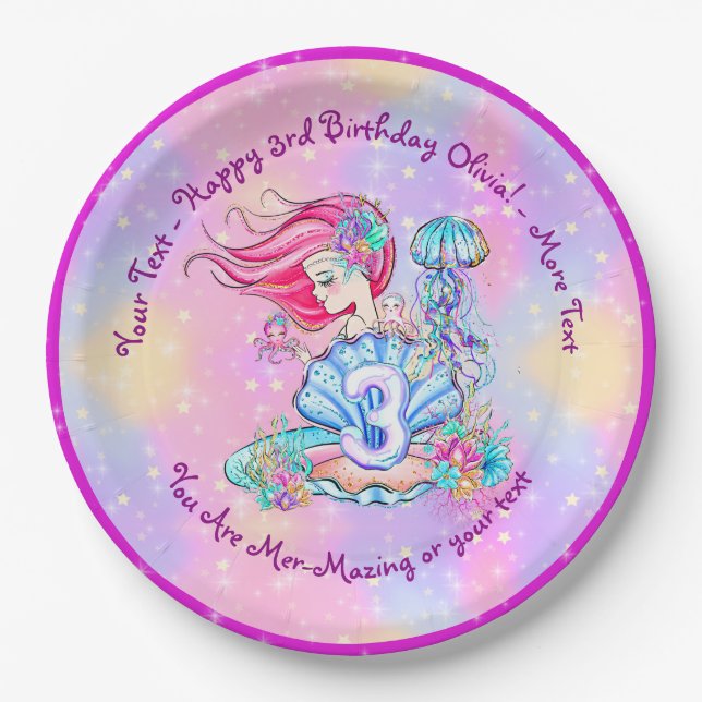 Mermaid 3rd Birthday Change Edit Text Personalize  Paper Plate (Front)