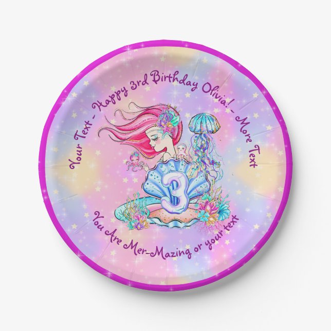 Mermaid 3rd Birthday Change Edit Text Personalize  Paper Plate (Front)