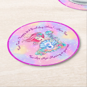 Mermaid 3rd Birthday Change Edit Text Personalize  Round Paper Coaster