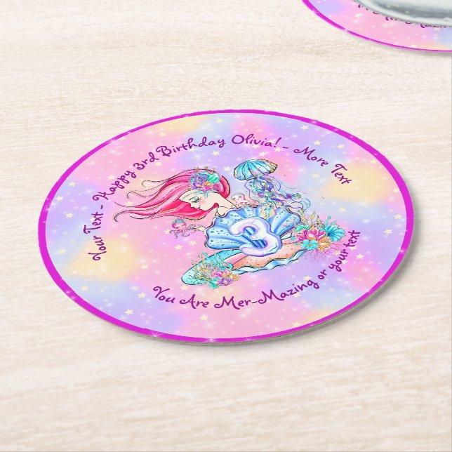 Mermaid 3rd Birthday Change Edit Text Personalize  Round Paper Coaster (Angled)