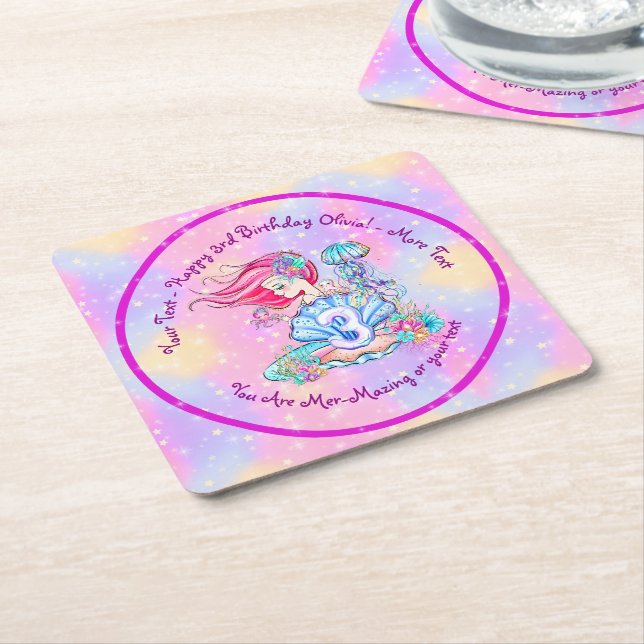 Mermaid 3rd Birthday Change Edit Text Personalize  Square Paper Coaster (Angled)
