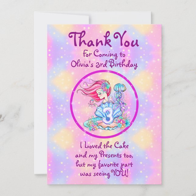 Mermaid 3rd Birthday Change Edit Text Personalize  Thank You Card (Front)