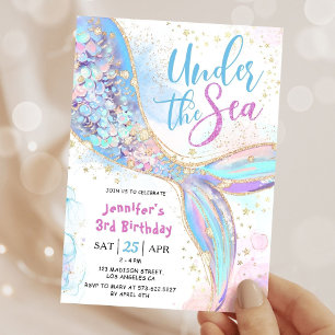 Mermaid 3rd Birthday Party Blue Under The Sea Invitation