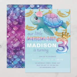 Mermaid 3rd Birthday Pink Blue Gold Glitter Invitation