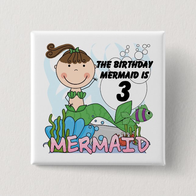 Mermaid 3rd Birthday Tshirts and Gifts 2 Inch Square Button (Front)