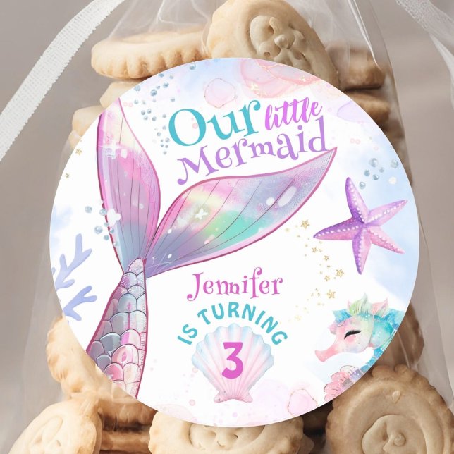 Mermaid 3rd Birthday Under The Sea Pink Mermaid Classic Round Sticker (Creator Uploaded)