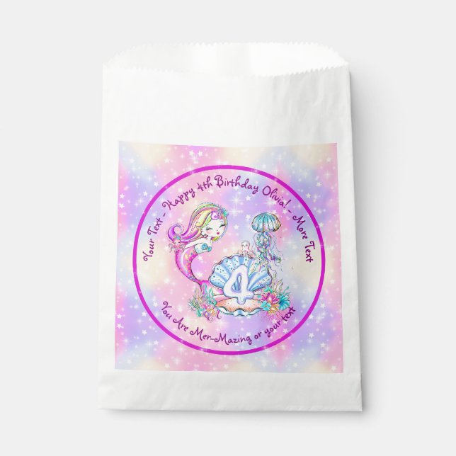 Mermaid 4th Birthday Change Edit Text Personalize Favour Bag (Front)
