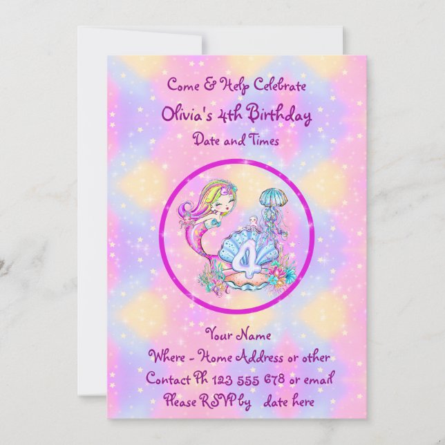 Mermaid 4th Birthday Change Edit Text Personalize  Invitation (Front)