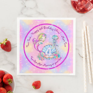 Mermaid 4th Birthday Change Edit Text Personalize  Napkin