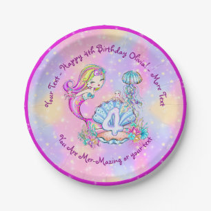 Mermaid 4th Birthday Change Edit Text Personalize Paper Plate