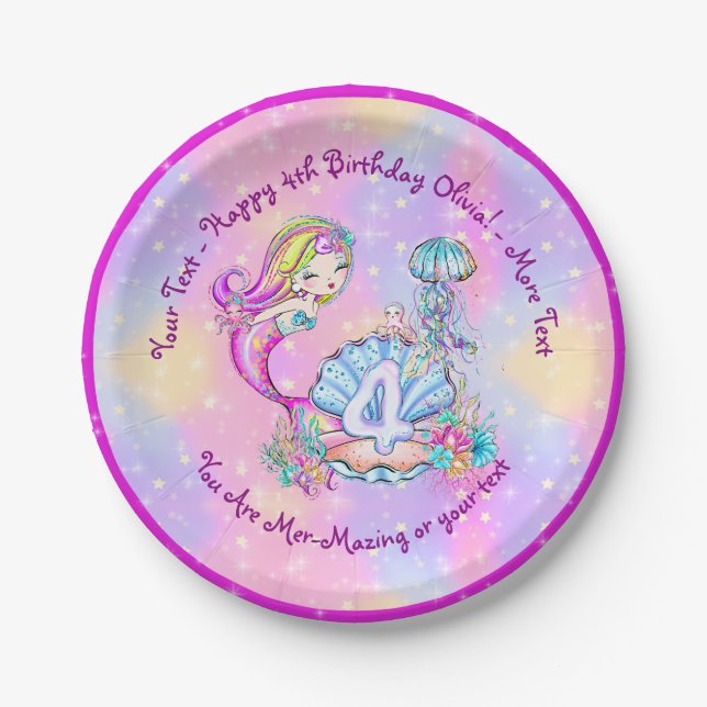 Mermaid 4th Birthday Change Edit Text Personalize  Paper Plate (Front)