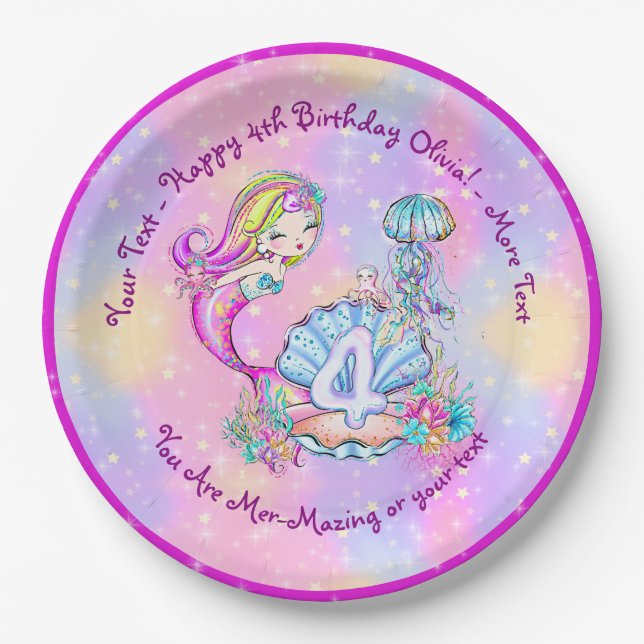 Mermaid 4th Birthday Change Edit Text Personalize  Paper Plate (Front)